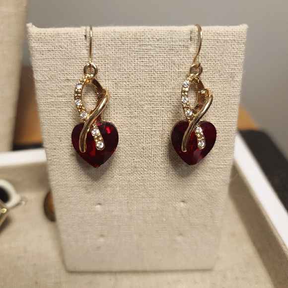 COPY - Gold Ribbon Earrings with Red Crystal Hearts - Picture 1 of 5
